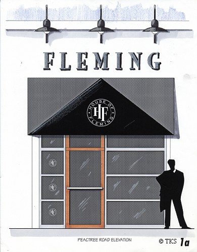 Conceptual Drawing by Cindy Trimble for Front Facade Design including the awning design, signage and lighting design.