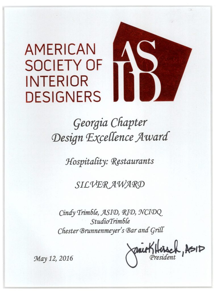 Silver Design Excellence Award for Studio Trimble from Chester Brunnenmeyer Bar and Grill