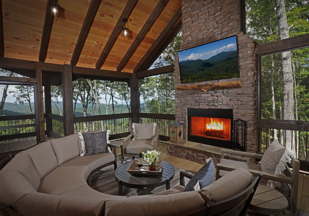 Outside fireplace in mountain home